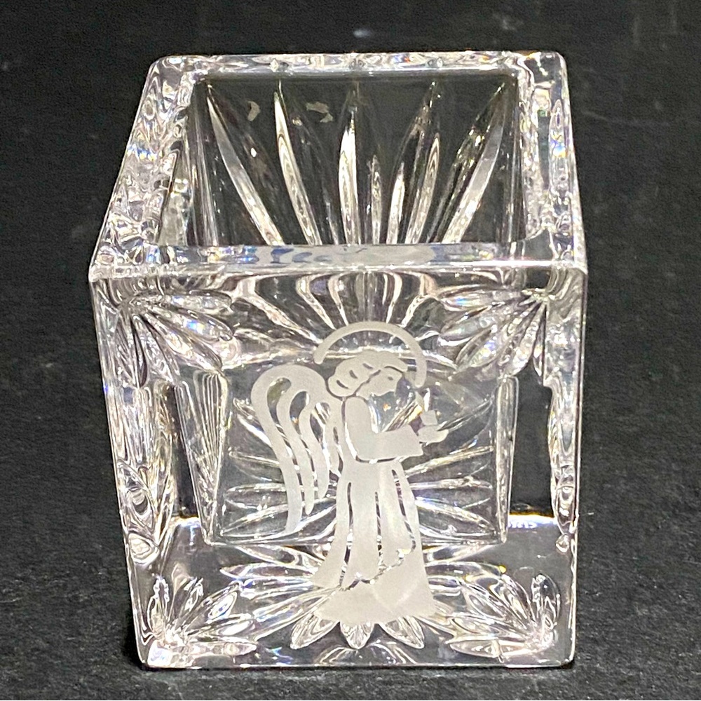 Waterford "Wedge Cut" Crystal Square Votive Candle Holder 3" Etched Angel Signed - Picture 8 of 9
